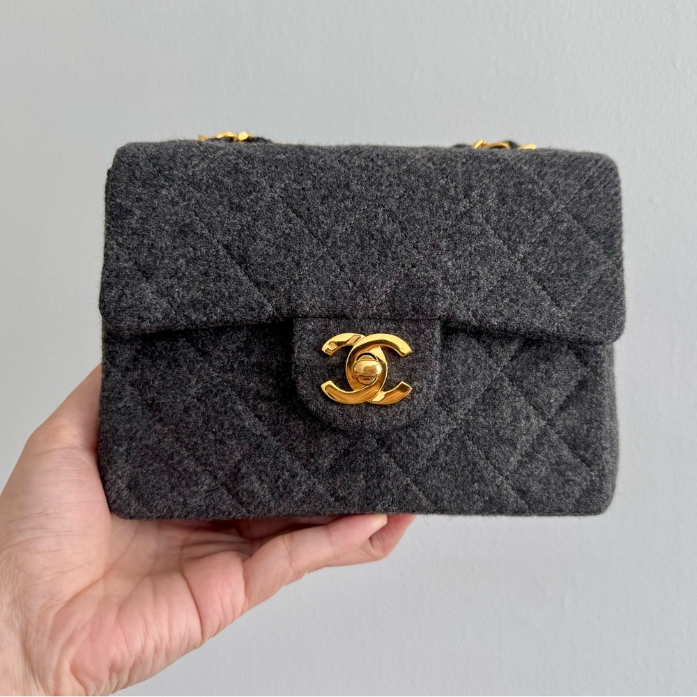 Chanel Vintage Grey Wool Mini Square Flap 24k Gold Plated Hardware